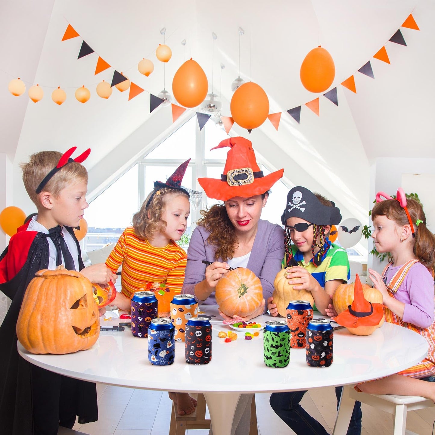 Yiyiring 16 Pcs Halloween Beer Can Cooler Sleeves 12 oz Drink Can Cooler Reusable Neoprene Cold Drinks Bottle Sleeves with Witch Pumpkin Bat Ghost Pattern for Halloween Trick or Treat Party Supplies