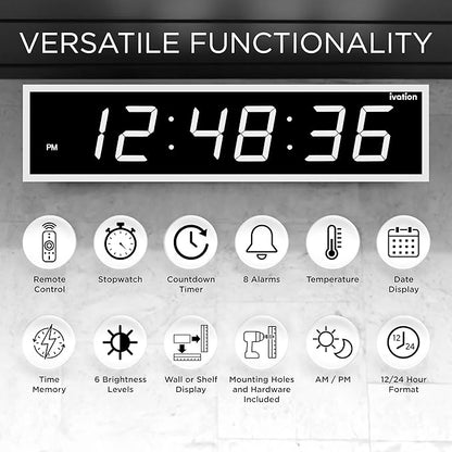 Ivation Huge Oversized 60" Large Digital LED Clock | Big Digital Clock w/Multi-Function Display – Stopwatch, Timer, Alarms, Temp & Date | 6 Brightness Levels, Time Memory & Remote (White)