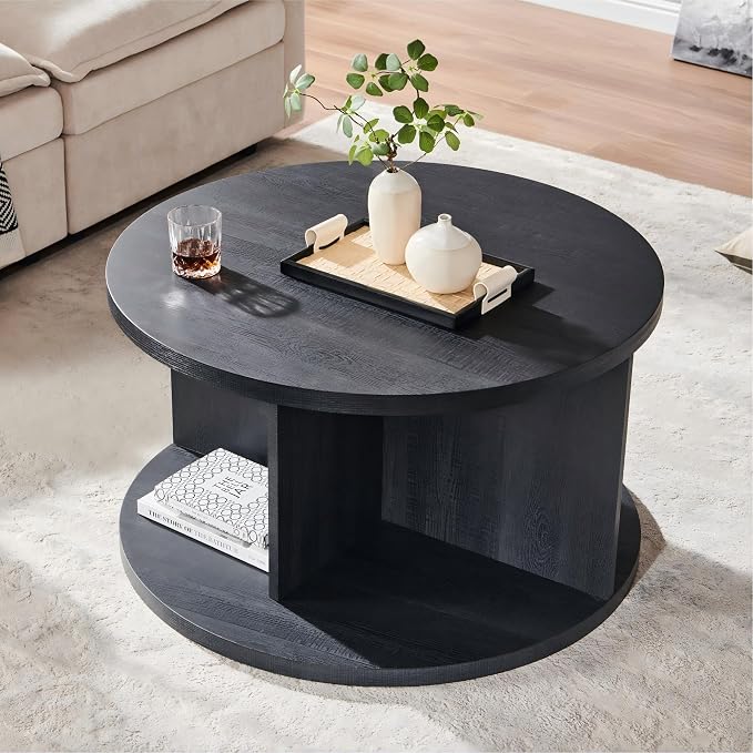 JXQTLINGMU Round Coffee Table for Living Room, 32" Modern Center Table with Cross Support Structure & Open Storage Cubby, Wood Circle Cocktail Table for Small Space, Apartment, Black