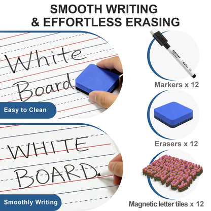 Dry Erase Boards, 12 Pack 9”x12” Magnetic Double Sided Portable Personal Small Whiteboards with Lines, Include 12 Markers, 12 Erasers, 12X52 Foam Letters for Kids, Students, Teachers Classroom School