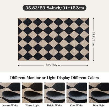 Lahome Checkered Easy Jute 3x5 Entryway Front Porch Rug, Black Diamond Indoor Outdoor Patio Layering Rug, Washable Farmhouse Neutral Non Slip Non Shedding Door Carpet for Backyard Blacony