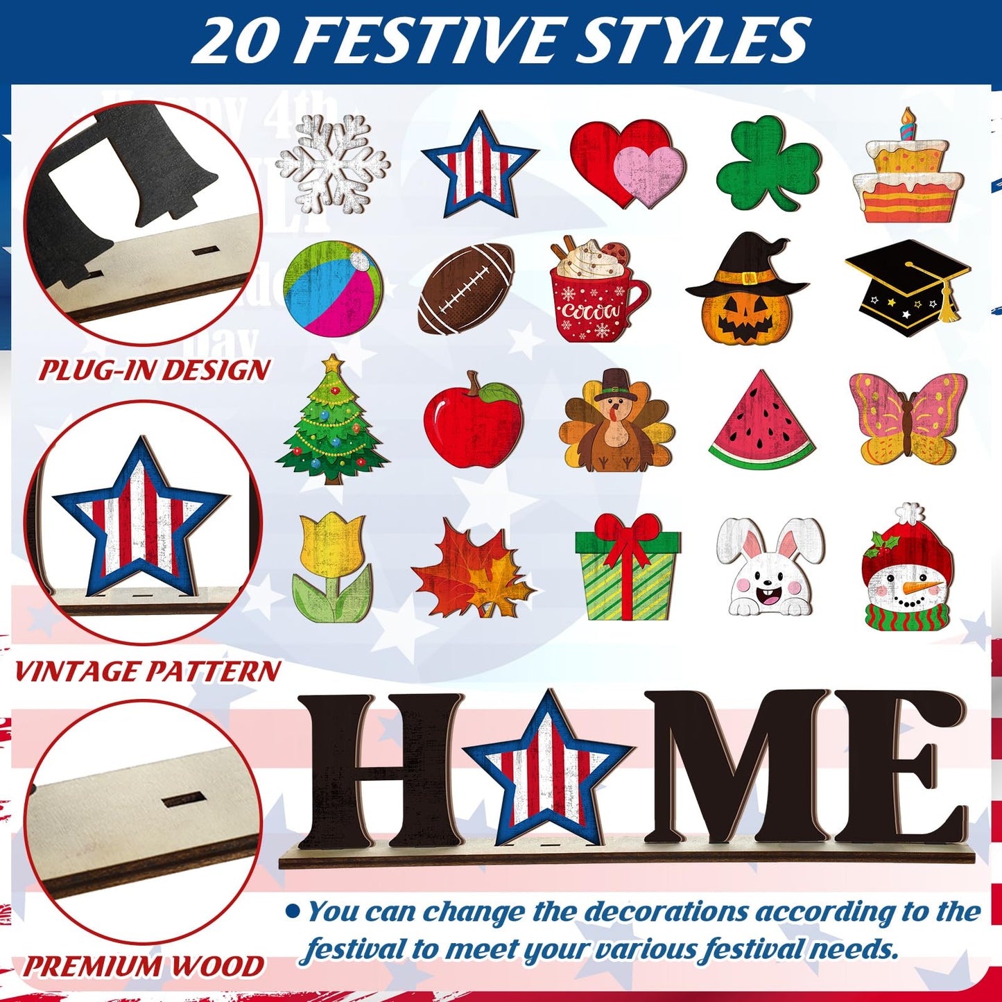 Wonderjune Interchangeable Seasonal Decor 250th 4th of July Independence Day Home Tabletop Sign with 20 Pcs Icons Home Wooden Sign for All Seasons Windowsill Shelf Mantel Decorations