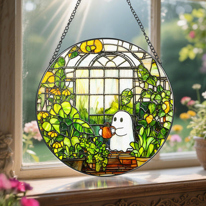 LAOWEIKI 8'' Halloween Ghost Greenhouse Sun Catcher Ornament, Stained Glass Window Hanging, Sun Catchers for Windows Hanging Ornaments, Window Decor, Holiday Present, Ideal Gift | Plant Lovers Gifts