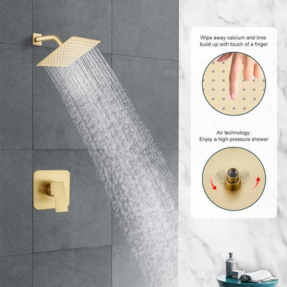 Heyalan Shower Faucet Set with Valve, Bathroom Rainfall Shower System, Wall Mount Single Handle Shower Trim Kit, Rainfall Fixed Shower Head, 8 Inch Square Shower Head,Brushed Gold