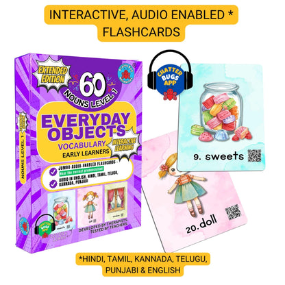 Brainy Bug Resources Flashcards with App-Enabled Audio Feature | 60 Everyday Objects Level 1 | Nouns | Audio in Hindi, English, Punjabi, Tamil, Kannada, Telugu | Spoken English | Special Kids