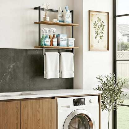 Wall Mounted Towel Rack for Bathroom, Bath Storage Holder 3-Tier Steel Wood Towel Shelf with Bar, Rustic Brown