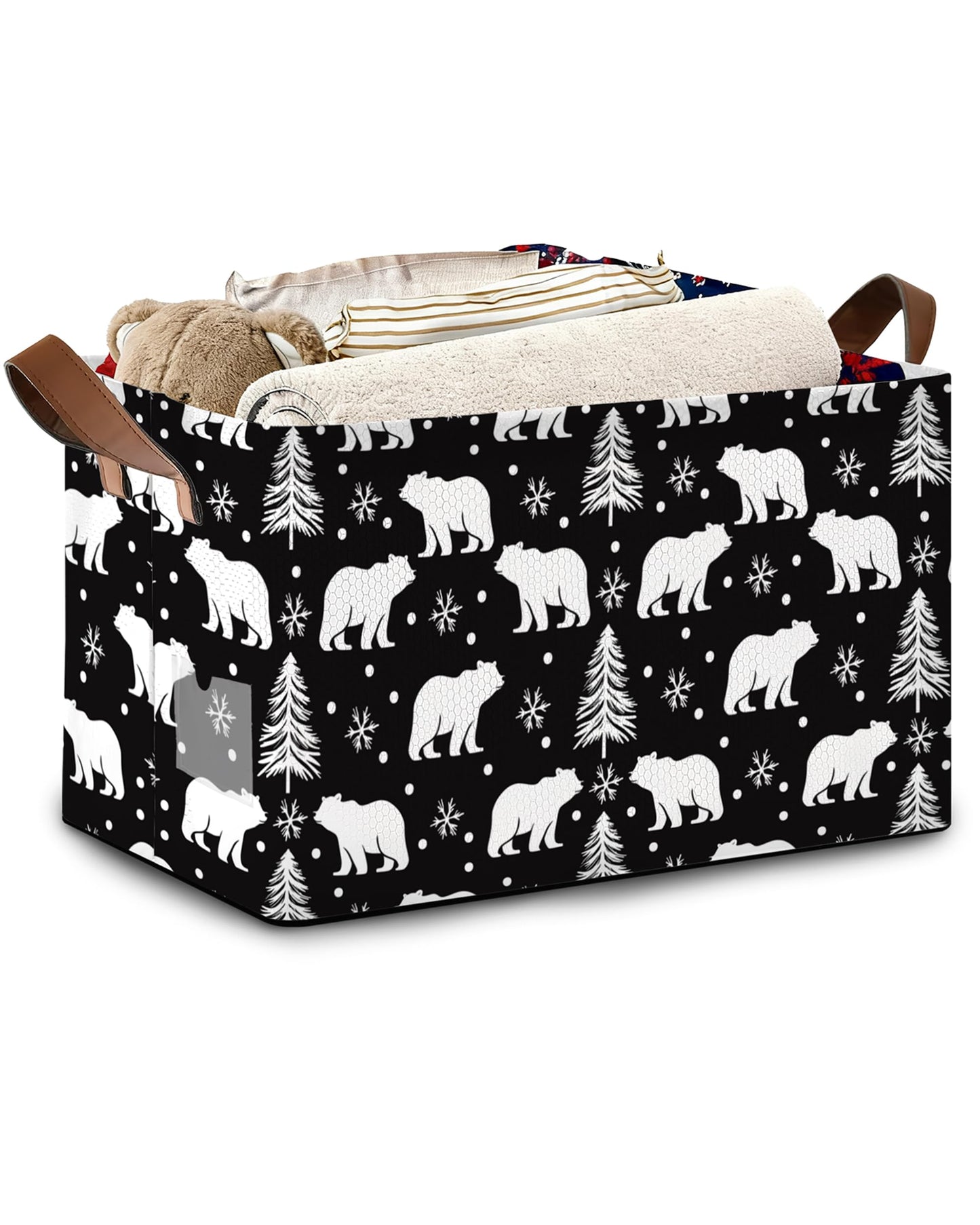 Masarua Bear Forest Collapsible Storage Box,Snowflake Winter Organizer Bin with Handles for Room Decoration,Bins Book Basket Box 17x11.5x10Inch
