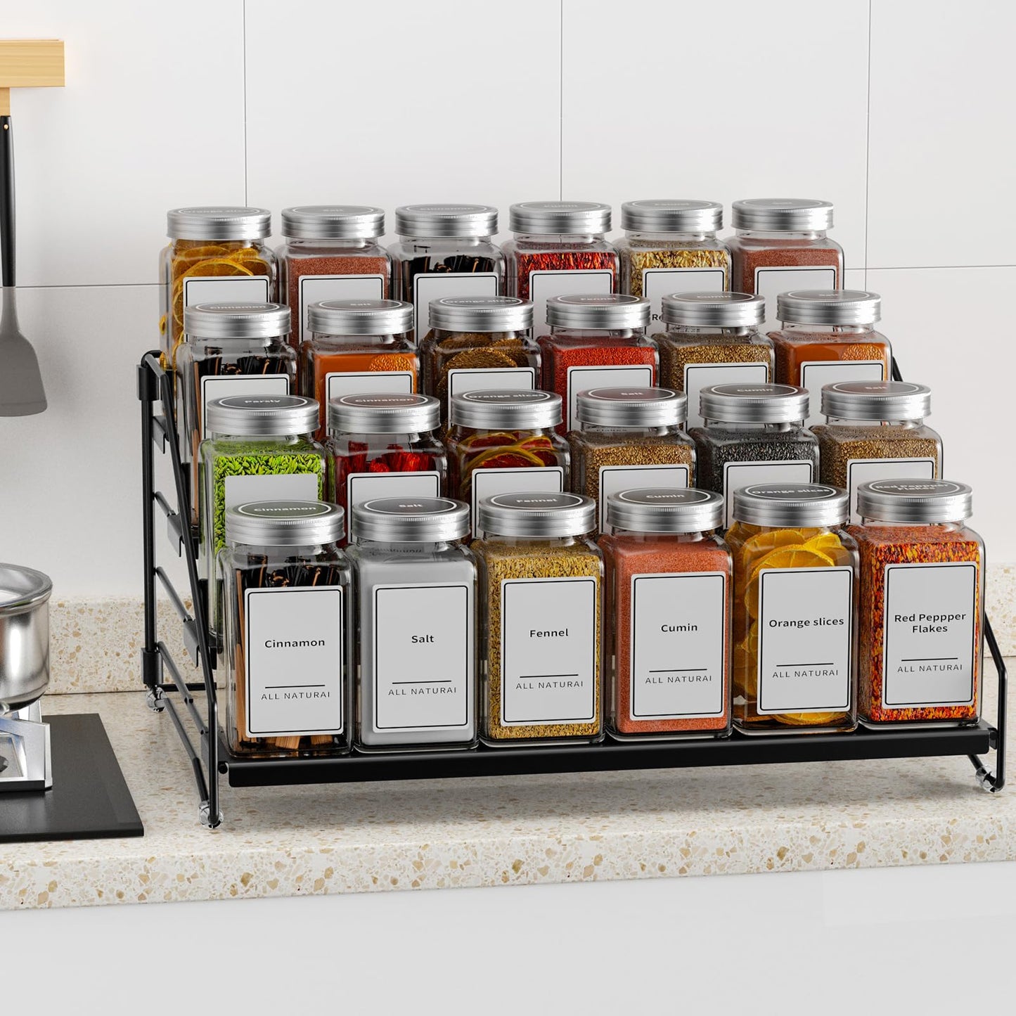 BOIVSHI 4 Tier Spice Rack for Cabinet, Spice Rack Organizer, Depth Adjustable Spice Holder for Countertop, Cupboard, Pantry, Seasoning Shelf, Metal, Black (1 Pack)