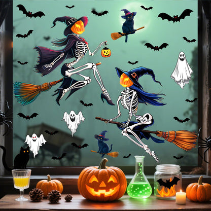Halloween Window Decorations Decals Scary Skeleton Witches Window Stickers Double-Sided Bats Ghost Clings for Glass Removable Reusable Black Cat Static Decal for Indoor Outdoor Home Holiday Supplies
