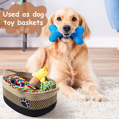Small Woven Baskets for Organizing Rope Storage Basket with Handle Cute Cotton Nursery Gift Dog Toy Bins Organizer-Light Beige