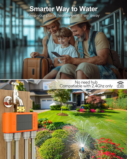 Lumary Solar WiFi Sprinkler Timer 4 Zone w/Water Flow Meter, Smart Water Timer for Garden Hose w/Adjustable 90° Panel, APP Automatic Irrigation Controller System for Lawns Yard, No Need Hub