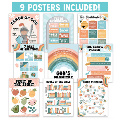 Hadley Designs Sunday School Decorations for Classroom –9 Bible Posters for Kids, Books of the Bible, 10 Commandments, Bible Timeline Chart, Fruits of the Spirit, Retro Christian Classroom Decor
