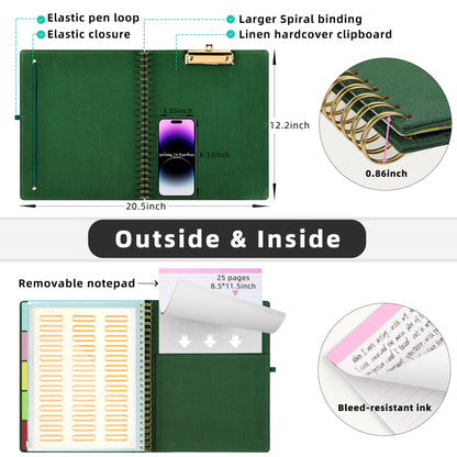 Ospelelf Foldable Spiral Clipboard Folio with Storage Zipper Pouch, 5 Plastic Folders with 10 Pockets,Refillable Lined Notepad (11" x 8.5"), Hardcover Project Organizer with 39 Stickers (Dark Green)