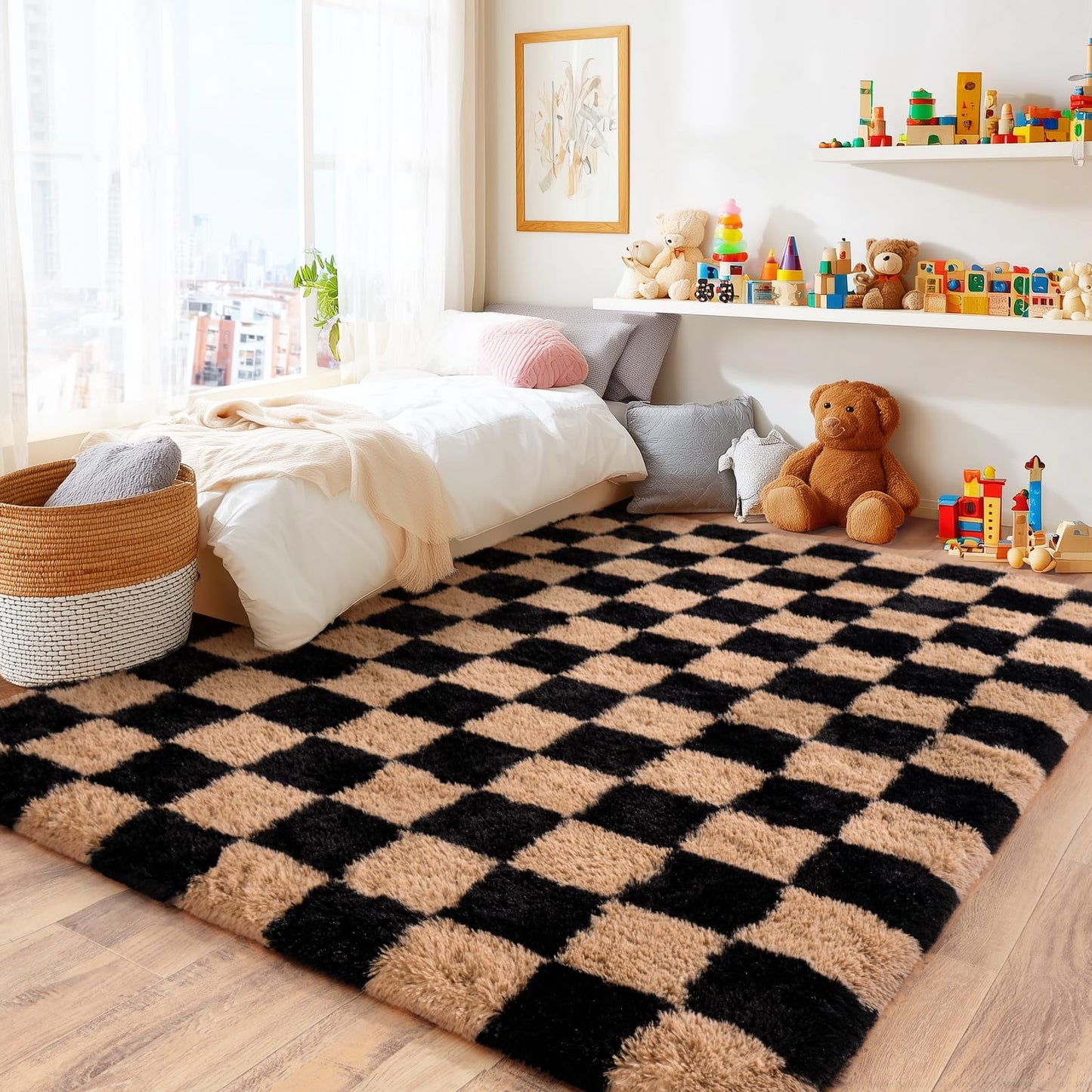 Checkered Rug 4x6 for Bedroom, Ultra Fluffy Shag Area Rugs for Living Room, Upgrade Anti-Skid High Pile Soft Rug Fuzzy Carpet for Living Room Bedroom Kids Room Nursery, Dorm Home Decor, Black & Beige