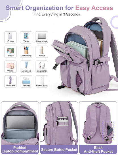 FIORETTO School Backpack for Teen Girls & Women with Compartment, Lightweight School Bag Bookbag with Multiple Pockets, Ideal for Middle High School, College, Travel, Purple 25L