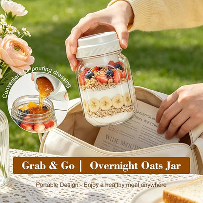 Syntic Glass Overnight Oats Containers with Lids & Silicone Divider, Airtight Reusable 32 oz Mason Jars for Meal Prep, Yogurt Parfait, Chia Pudding, Salad, Cereal, Dishwasher Safe