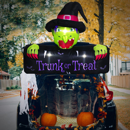 Colingmill 4.3ft Halloween Trunk or Treat Car Decoration Inflatable with Built-in LED Blow up Halloween Inflatable Witch Cat Pumpkin Outdoor Decor for SUV Yard Holiday Party Decor(Witch)
