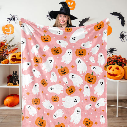JarThenaAMCS Halloween Fuzzy Flannel Blanket 60 x 50 Inch Ghost Pumpkin Throw Blanket Pink Soft Blankets for Farmhouse Home Chair Sofa Couch Bed