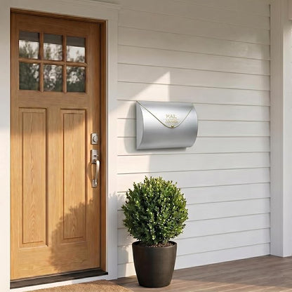 Metallic Silver Wall Mount Mailbox for Outside,Waterproof Metal Mailboxes with Rust-Proof Galvanized Steel,Large Capacity Envelope Mailbox for House,12.99 x 10.35 x 3.5 Inch
