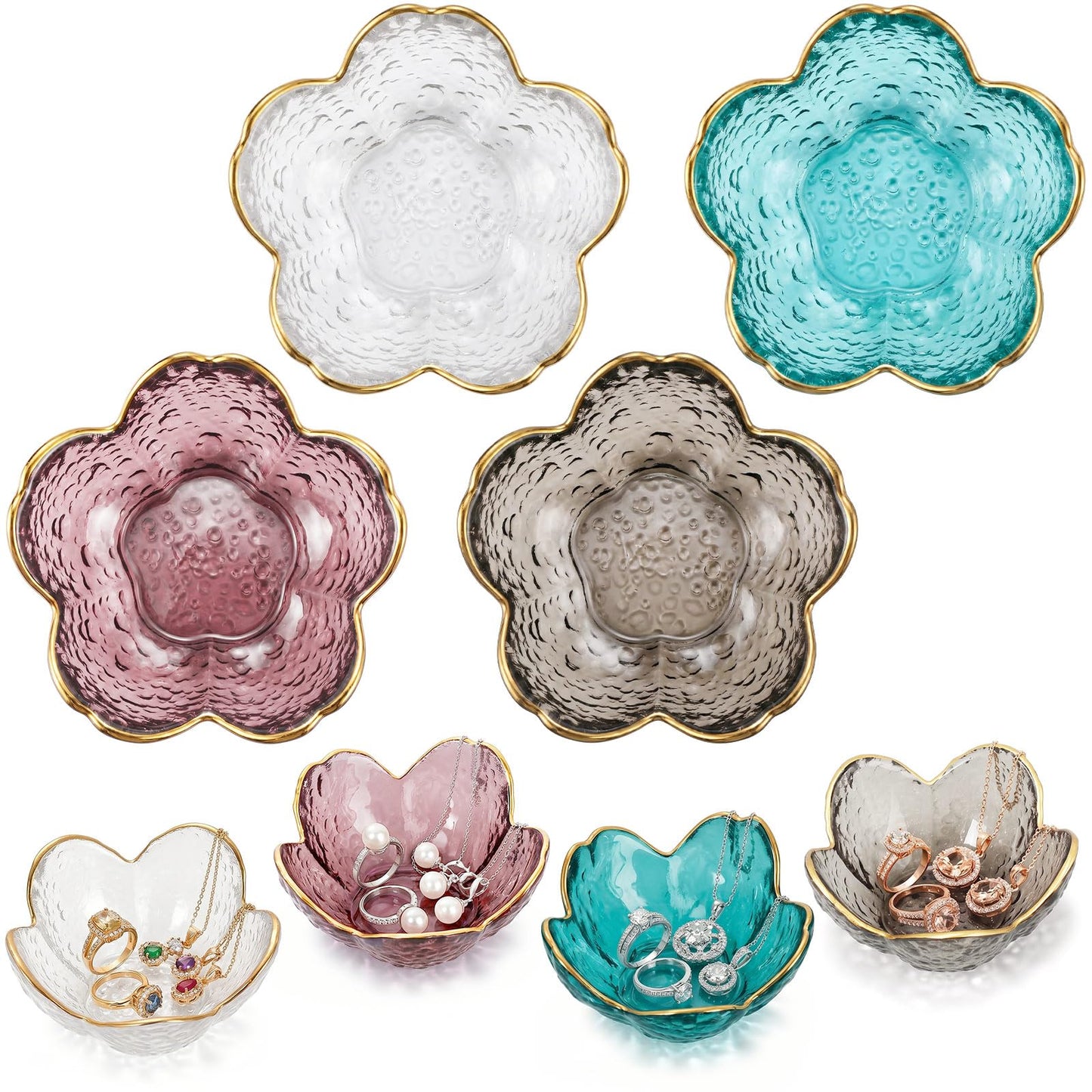 LOYIM 4 Pack Glass Jewelry Dish Small Flower Ring Holder Trinket Tray for Earrings Key Vanity Decor for Women Wedding Gift
