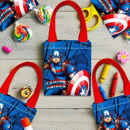 Captain America Party Favor Bags Set – 24 Pack 8" Marvel Goodie Bags for Kids Bulk Reusable Mini Totes | Avengers Captain America Birthday Party Supplies