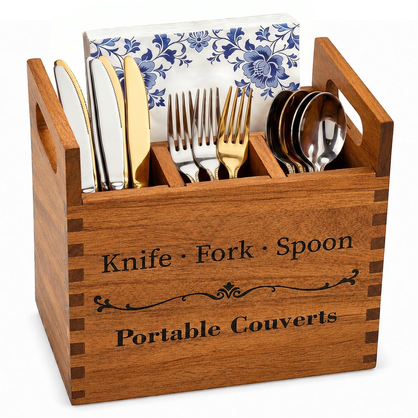 NDNTO Portable Acacia Wood Kitchen Utensil Holder with Handle, Farmhouse Countertop 4-Compartment Wooden Cooking Utensil Holder for Counter, Island & Dining Room