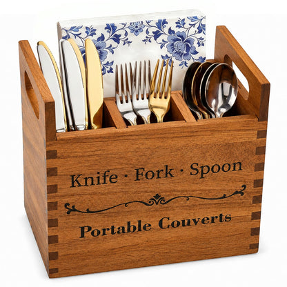 NDNTO Portable Acacia Wood Kitchen Utensil Holder with Handle, Farmhouse Countertop 4-Compartment Wooden Cooking Utensil Holder for Counter, Island & Dining Room