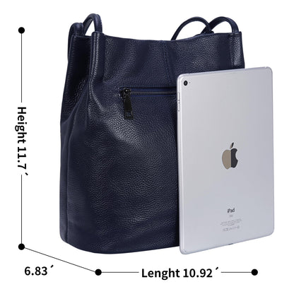 Iswee Genuine Leather Tote Purse Hobo Purses for Women Satchel Shoulder Bag Bucket Bags ladies Designer Handbags (Navy Blue Lichee)