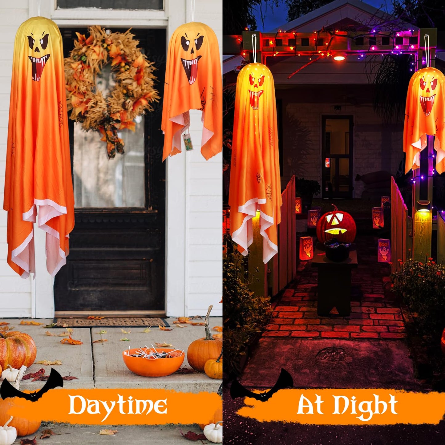 FUNIAO (New) 2 Pcs Halloween Decorations Outdoor, Spooky Ghost with String Lights, Halloween Haunted House Props Battery Operated for Porch, Tree, Patio, Yard, Front Door, Party - Orange