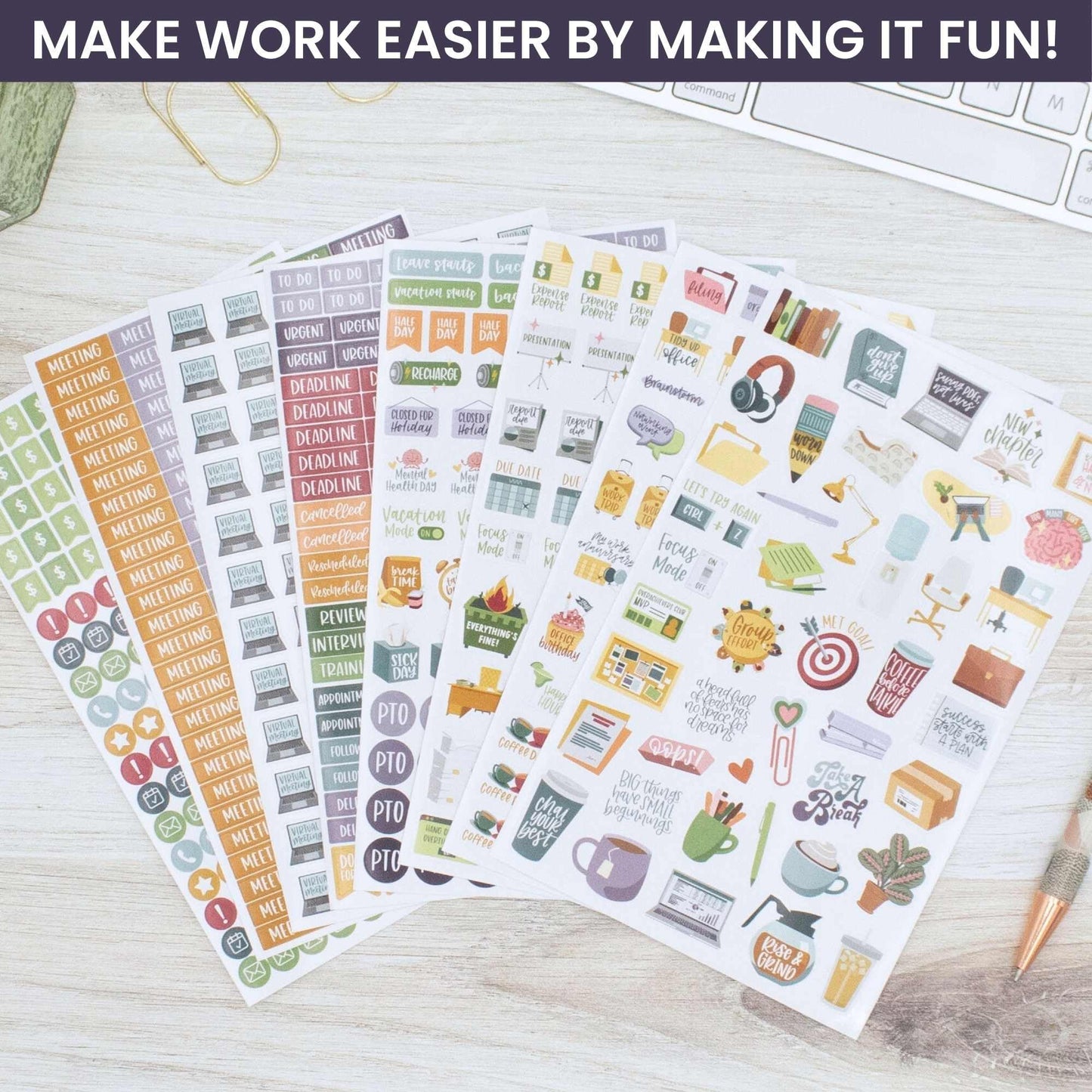 bloom daily planners Workday Essentials Planner Stickers - Productivity Variety Pack for Business Professionals - 8 Sheets / 802 Stickers - Meetings, Deadlines, Payday Icons for Work & Office