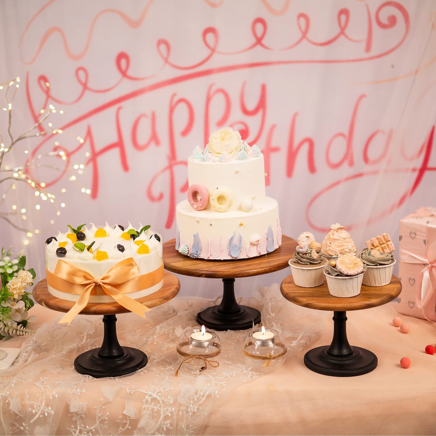 NUPTIO Cake Stand Cupcake Display: Wedding Cup Cake Pedestal Stands Round Acacia Wood Dessert Riser Cookie Serving Tray Vintage Pie Plate Holder Farmhouse Halloween Christmas 11.81 Inch/30cm