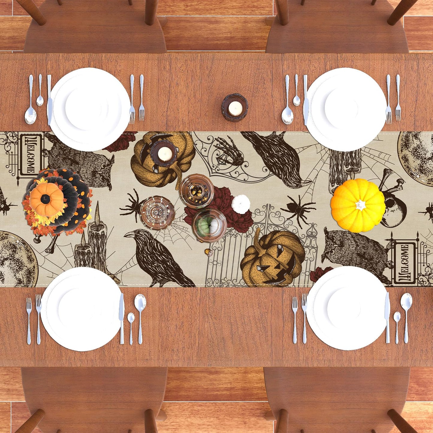 Retro Halloween Table Runner Halloween Gothic Skull Tablecloth Day of The Dead Roses Skull Decor Halloween Decorations and Supplies for Home Kitchen Table-13×108’’
