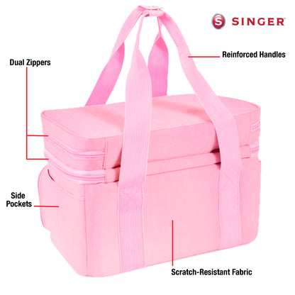SINGER Sewing Accessories Organizer (Bag Only) – Double Layer Portable Sewing Storage Bag | 2 Detachable Pouches and 18 Compartments, Large Sewing Supplies & Crafting Carry-all (Pink)