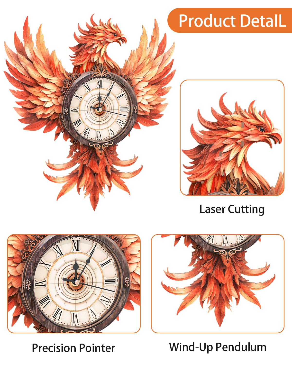 Rnfinewow 3D Wooden Puzzles for Adults, 3D Puzzle Fire Phoenix Clock Kit (with Pendulum), 3D Puzzles for Adults Teens Home Wall Decor Clock Puzzle Gifts for Adult