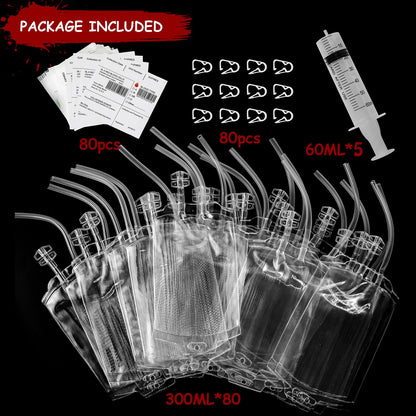 80 Packs Halloween Blood IV Bags for Drinks Reusable Energy Container Juice Pouch Prop for Halloween Zombie Nurse Hospital Theme Party Decoration, Vampire Party Props (80pcs Bag/Label, 5 Syringes)