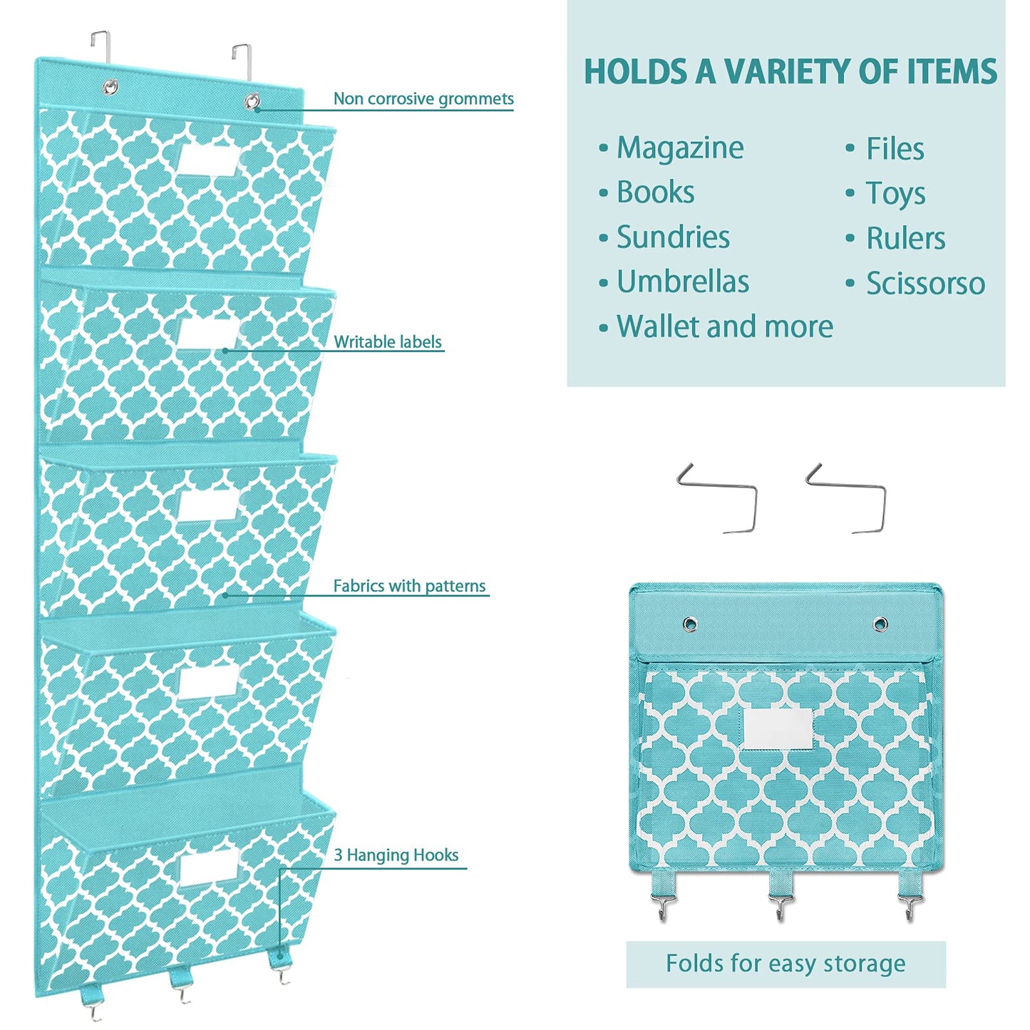 Over the Door File Organizer, Hanging File Folders, Wall Organizers and Storage for Mail, Magazine, Notebooks, Planners, Office, Classroom, 5 Extra Large Pockets, 50.39” Tall (Blue Lantern Pattern)