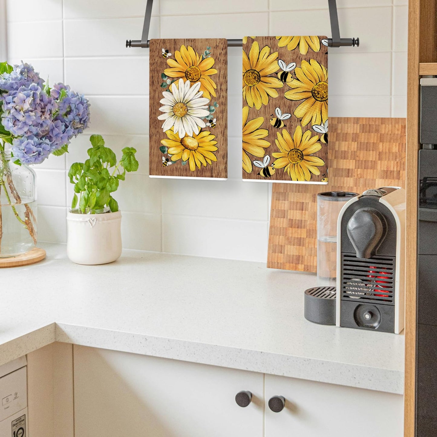 TAJWE Summer Kitchen Towels 18x26 Inch Set of 2 Wood Sunflower Bee Dish Towels Farmhouse Seasonal Holiday Decorative Hand Cloth for Kitchen Bathroom Decorations
