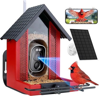 Smart Bird Feeder with Camera 2.5K HD, BOLITE Bird House for Outdoors, AI Auto-Capture & Motion Detection, Weatherproof Camera, Solar Powered, Ideal Gift for Men Women Mom Dad & Bird Lovers, Red