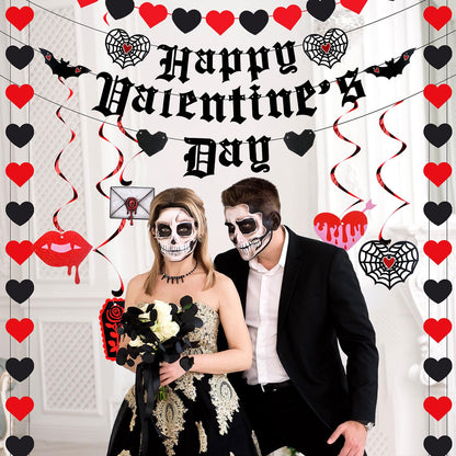 Janinka Gothic Valentines Decor Spooky Goth Valentine Day Decor Black Romantic Gothic Heart Garland Black Bat Theme Banner Garland Pre-assembled Hanging Heart Swirls for Wedding Engagement Anniversary