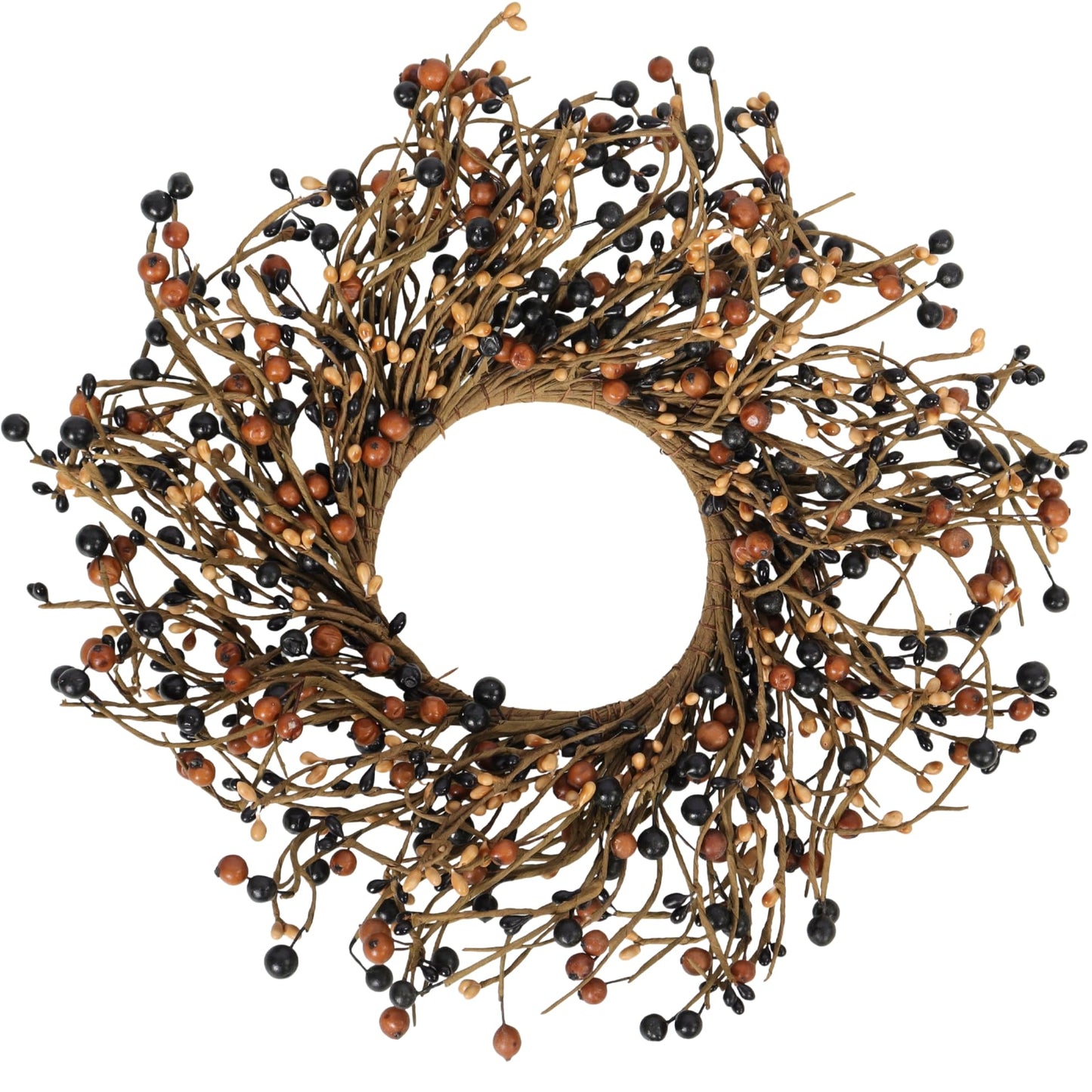 Quixem 15" Black & Tan Pip Berry Candle Ring (4.5" Inner), Primitive Rustic Artificial Mini Wreath for 3" Pillars, Farmhouse Kitchen Decor, Halloween & Everyday Centerpiece