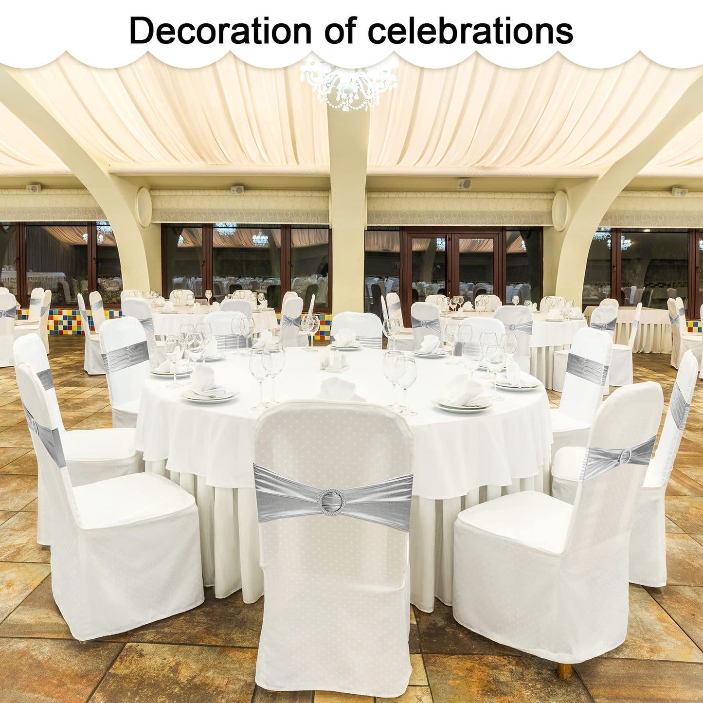 Oudain 120 Pieces Spandex Chair Sashes with Buckle Stretch Chair Cover Bands Bows for Wedding Hotel Banquet Events Decorations Sashes(Silver)