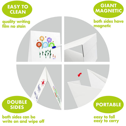 Magnetic Tabletop Desktop Easel &Whiteboard with Bonus 8X Dry Erase Markers. Double Sided and Self-Standing (16” X 12.5”)