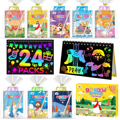 ZMLM Rainbow Scratch Party Favors Kids: Birthday Gifts Toy Bulk Scratch Art Notebook Birthday Goodie Bags Stuffers Girls Boys Art Craft Kit Pads Classroom Prizes School Teacher Return (Christian, 24)