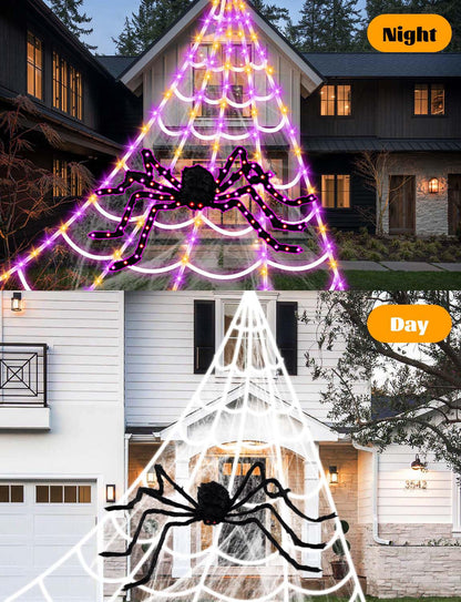 LCHUANG Spider Webs Halloween Decorations Lights - 250 LEDs Outdoor Halloween String Lights with 60" Light Up Spider,8 Modes Remote Control 16.4Ft Spiderweb,Waterproof (Orange+Purple)