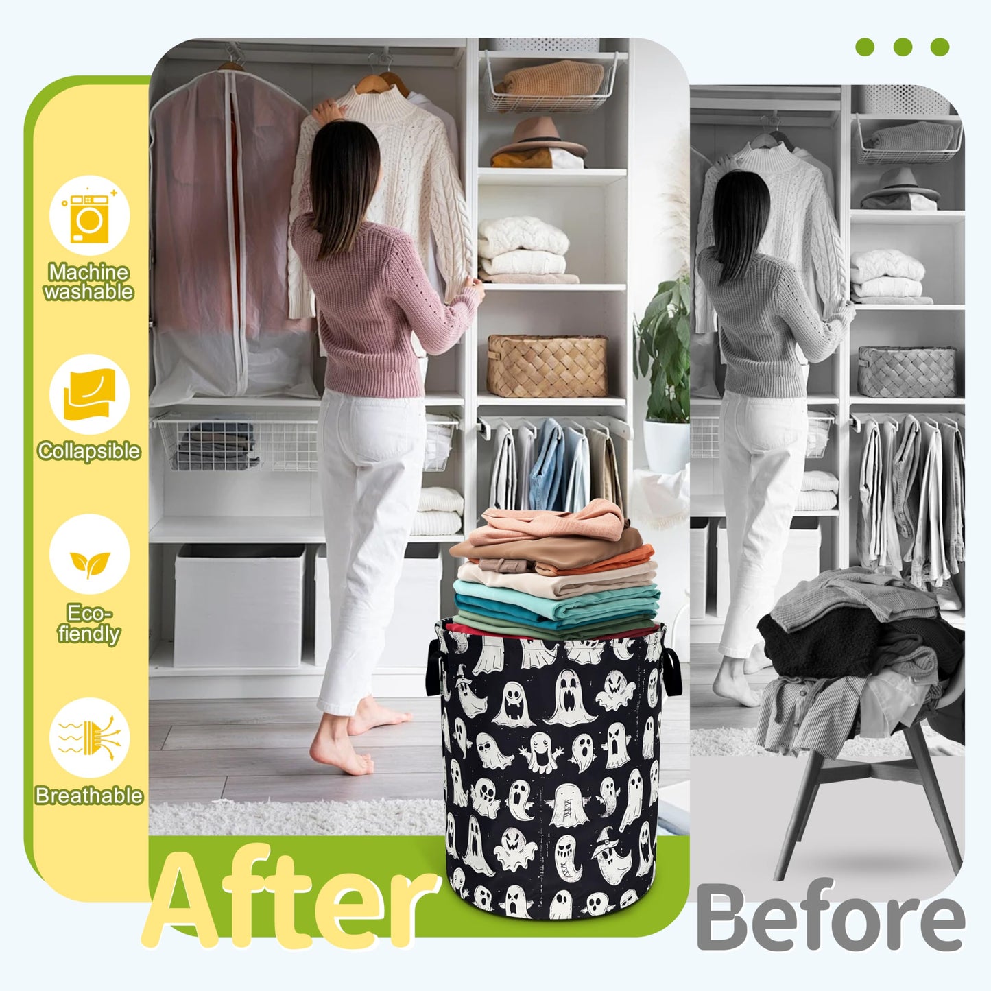 Cute Ghost Laundry Basket Funny Spooky Foldable Waterproof Oxford Cloth Tote Bag Laundry Hamper Round Large Clothes Storage Bucket Organizer For Bathroom/Laundry Storage/Bedroom 18.9x16.5 Inch