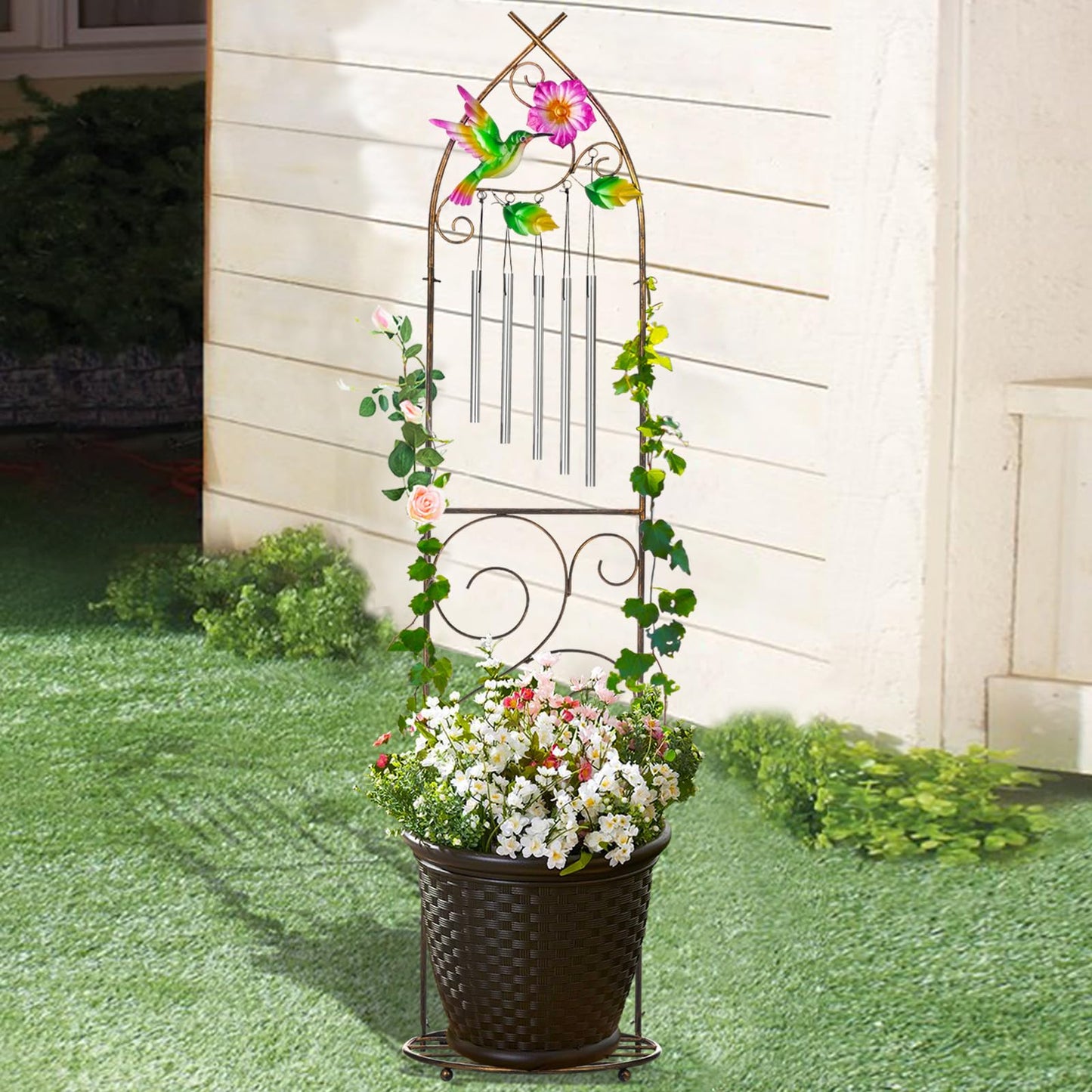 Plant Stands with Garden Trellis, 48” Metal Standing Wind Chimes Plant Pot Trellis with Hummingbird for Garden Patio Backyard Climbing Plants Outdoor Decor