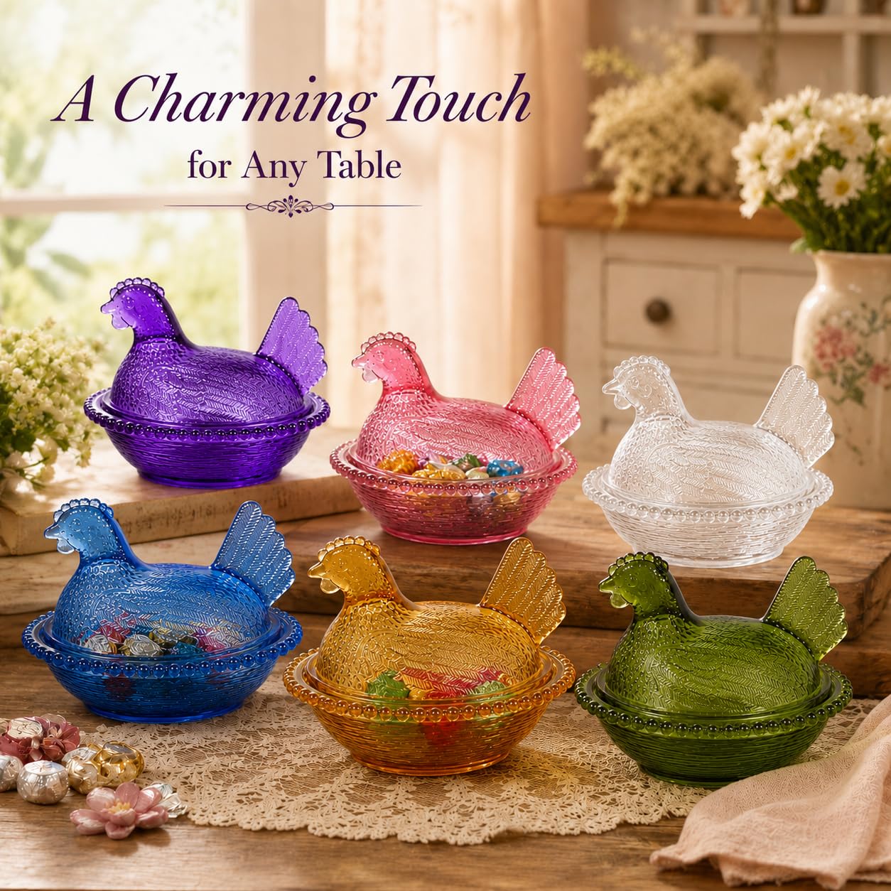 IPOSRO Chicken Shaped Crystal Candy Dish with Lid – Snack Bowl for Nuts, Dessert & Candy – Decorative Jar for Home Kitchen, Office Desk & Tabletop Decor (Pink)