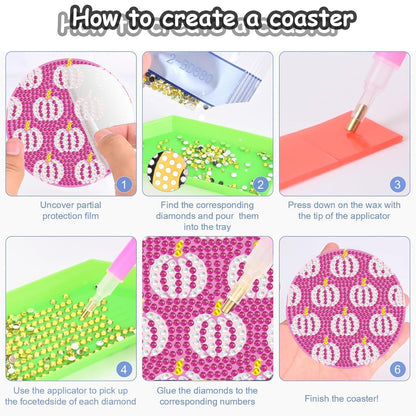 Denylo pro 8 Pcs Halloween Diamond Art Painting Coasters Kits with Holder DIY Pink Halloween Diamond Art Coaster for Adults