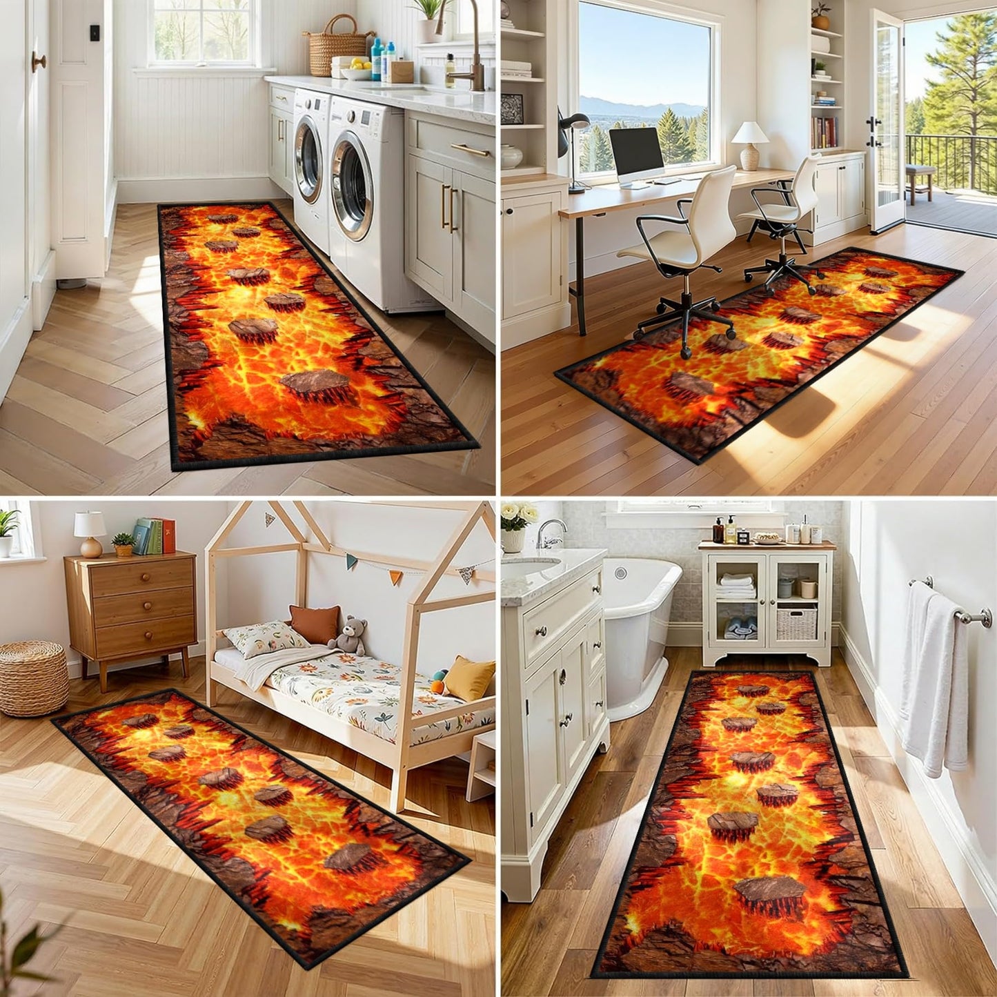 3D Optical Illusion Flame Runner Rug, 1.3x7ft, Abstract Lava Long Kitchen Rugs,Retro Rock Cracks Print Laundry Room Runner Rug, for Entryway Indoor Bedroom Runner Rugs