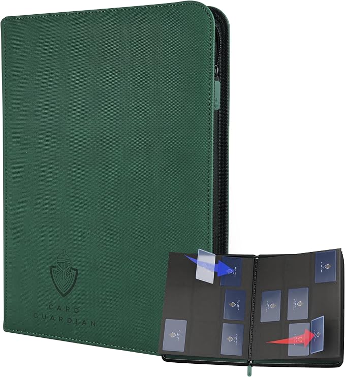 Card Guardian - 9 Pocket Premium Binder with Zipper for 360 Cards Trading Card Games TCG (Green) Side Loaded Pockets Compatible with Yugioh Cards MTG Binder Sports Card Binder